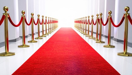 A vibrant red carpet flanked by golden stanchions and ropes leads to a bright, illuminated area, creating a glamorous entrance.