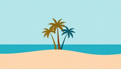 Obraz premium Minimalist Illustration of a Tropical Beach Scene with Three Palm Trees and Calm Ocean Water Under a Clear Sky in a Simple Style