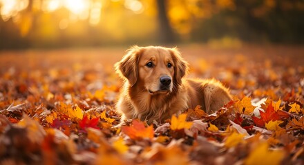 A golden retriever dog lying down in a pile of colorful autumn leaves on a sunny day in the park
