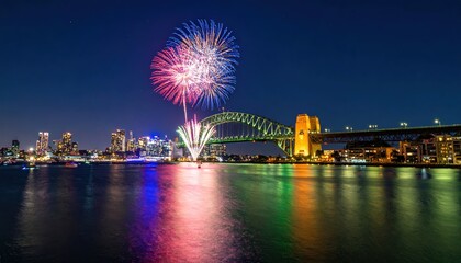 A vibrant fireworks display illuminates the Sydney skyline, reflecting on the water, with the iconic Sydney Harbour Bridge in the background.