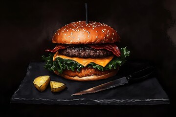 Cheeseburger with bacon served on slate board-Juicy cheeseburger with bacon, lettuce, and cheddar cheese in a sesame bun, presented on a slate board with potato wedges.