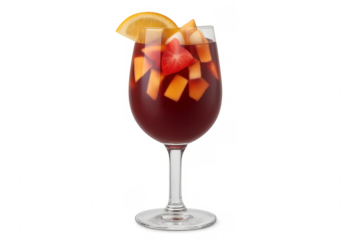 Glass of sangria with chopped fruit and orange slice on transparent background