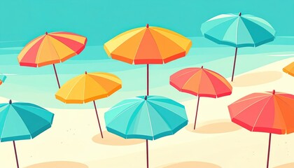 Colorful beach umbrellas arranged on sandy shoreline with bright blue sky and calm ocean in the background, perfect for summer vacation or seaside relaxation scenes