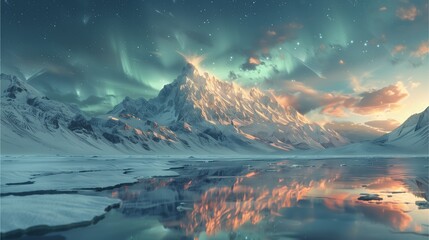 Naklejka premium majestic snow-capped mountain reflecting in a serene lake beneath the aurora borealis, creating a breathtaking scene of natural beauty