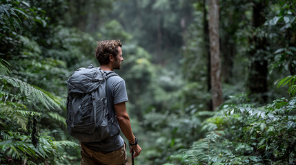 Obraz premium A lone backpacker walks a path through a vibrant, lush jungle, immersed in nature's tranquility.