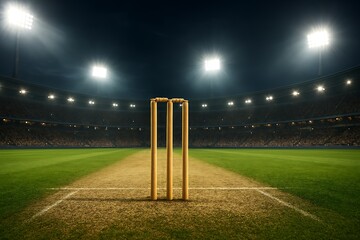 Dramatic cricket stadium view focusing on the wickets under bright floodlights at nighttime.