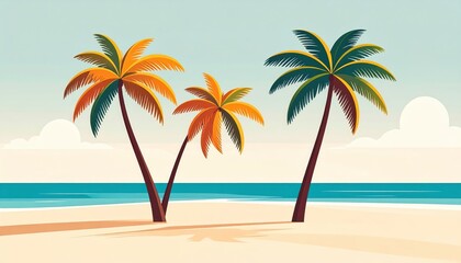 Obraz premium Scenic tropical beach with three colorful palm trees overlooking calm ocean water and sky with soft clouds, perfect for summer vacation or beach landscape themes