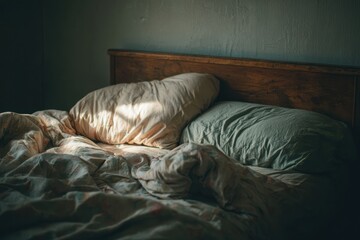 Cozy and Untidy Bedroom Scene with Soft Pillows and Crumpled Bedding in Natural Light