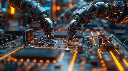 Robotic arms assembling a circuit board, showcasing the future of automation and technology