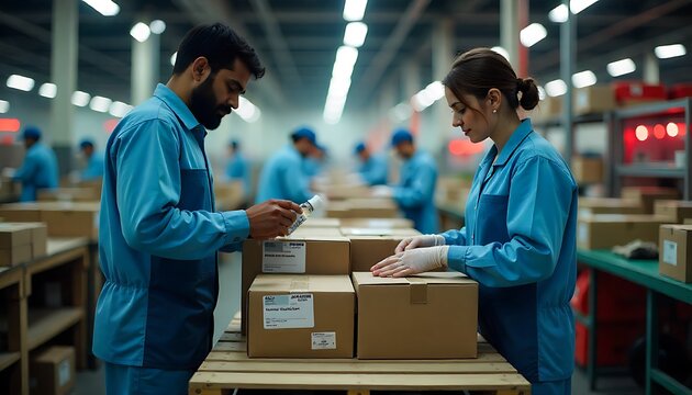 Warehouse workers carefully packing and inspecting boxes for efficient logistics operations