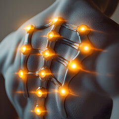 Spine and back chronic pain illustration for medical diagnosis and therapy concept. Chronic pain focus detailed glowing pain hotspots on back.