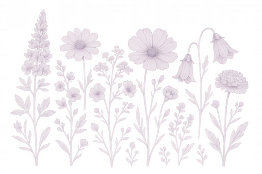 Hand-drawn wildflower illustration featuring delicate pink blooms, floating on transparent backdrop, perfect for graphic design, scrapbooking, and creative compositions