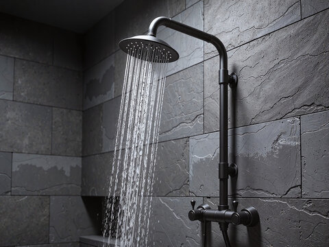 Matte black shower head, modern minimalist bathroom, side view, soft lighting, a sleek matte black shower in a minimalist space with stone accents.