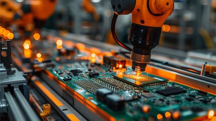 Robotic arm soldering circuit board in factory environment. A close-up view of a robotic arm expertly soldering a circuit board, in a factory setting