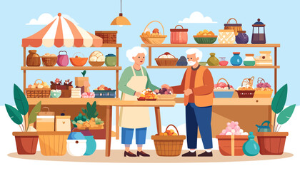 Happy senior couple selling fresh produce and crafts at a local market stall. Flat vector illustration.