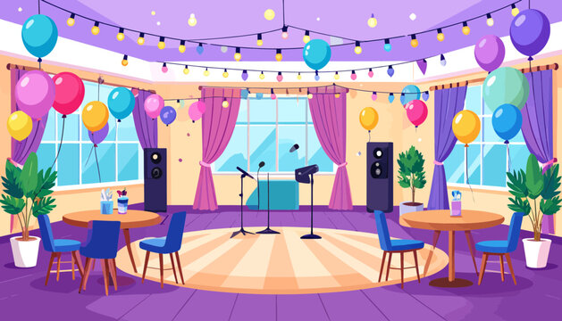 Festive Party Venue with Karaoke Stage, Colorful Balloons, and String Lights. Empty Celebration Hall Illustration.