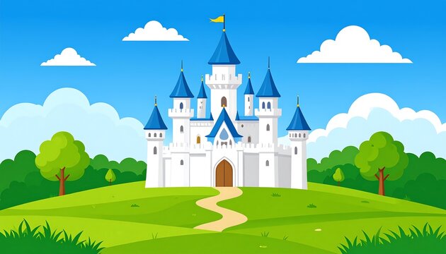 Fairytale Castle with Green Hill, and Blue Sky.