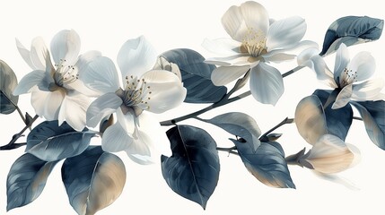 A delicate close-up of elegant white flowers with detailed leaves, evoking serenity and beauty.