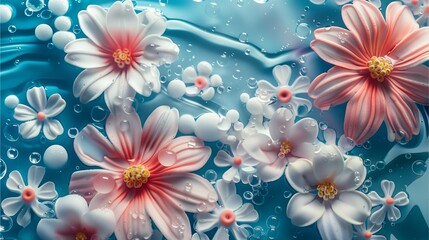 A charming floral composition featuring an array of delicate flowers and soft water effects, evoking feelings of tranquility
