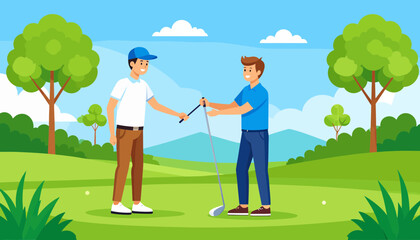 Golf instructor handing a club to a student on a sunny green course, depicting a lesson or equipment exchange.