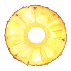 Watercolor Pineapple Slice with Yellow and Brown Edges Isolated.
