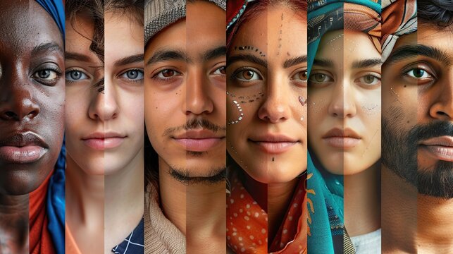 Paintography. Meditative portrait of collage portraying a group of people combined with watercolor drawing - Powered by Adobe