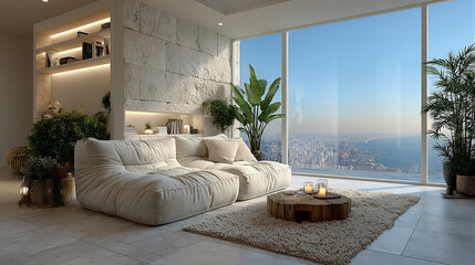 Modern, minimalist living room with large windows and natural light -