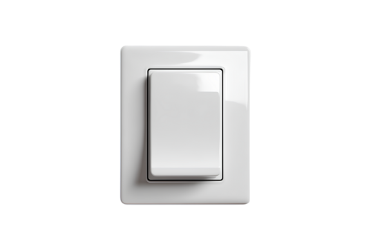  Sleek Single Modern Light Switch with Glossy Finish, Front View, Transparent Background.