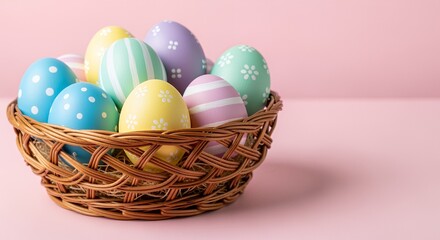 Pastel Easter Eggs in a Wicker Basket