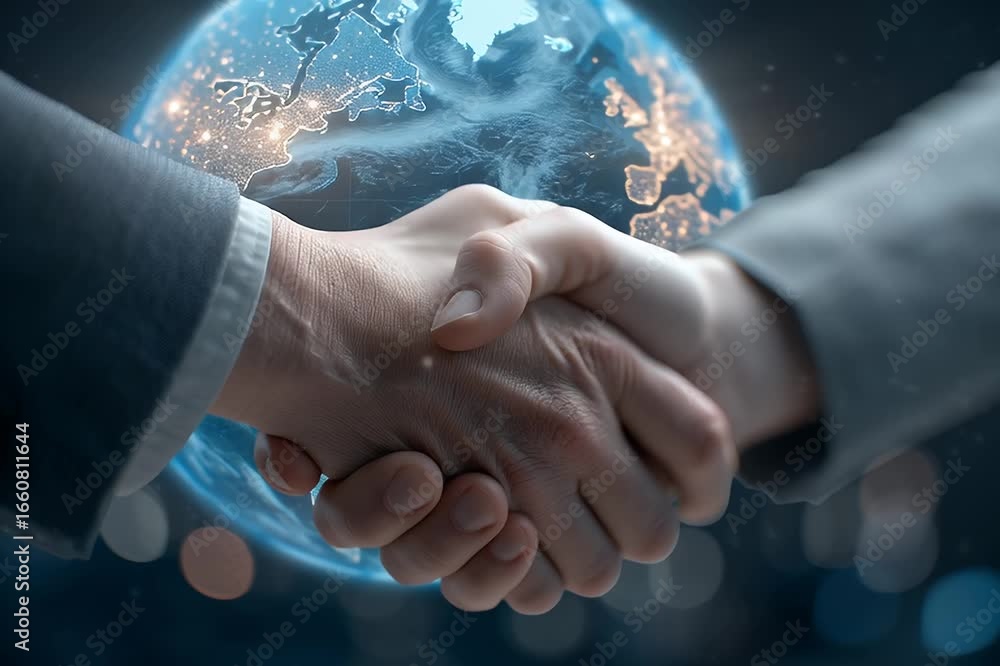 Aufkleber hands shaking with earth in background symbolizing global partnership and unity