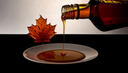 Maple syrup dripping over from bottle to plate