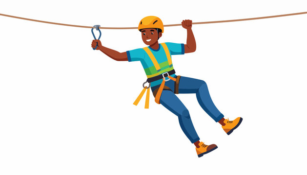 A smiling young man in a yellow helmet and blue harness enjoying an exciting zip-lining adventure, holding onto the cable with a carabiner.