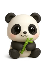 Obraz premium Cute 3D Mini Panda Eating Bamboo in Pastel Kawaii Cartoon Style, Toy-like Mascot Character Render