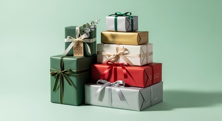 Obraz premium A Stack of Beautifully Wrapped Christmas Gifts