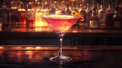 Elegant Pink Martini-A sophisticated martini glass filled with a pink cocktail, garnished with a twist of orange peel, set on a polished bar counter with a blurred background of liquor bottles.