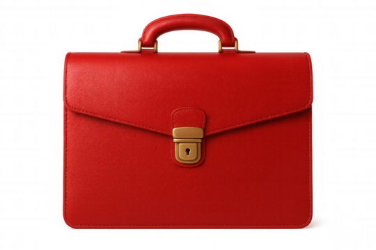 Closed red leather briefcase with golden lock isolated on transparent background, perfect for business and finance concepts
