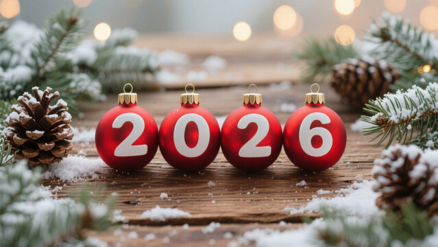 A festive and charming holiday scene featuring four vibrant red Christmas ornaments, each adorned with bold white numbers spelling out 2026. Happy New Year, Happy New Year 2026