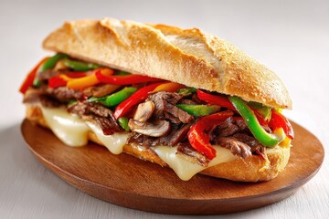 Sub sandwich filled with beef, peppers, mushrooms, and cheese on a wooden board
