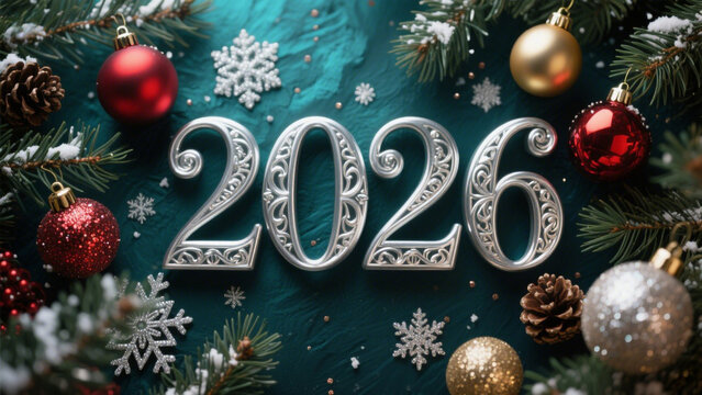 A festive holiday composition featuring the year '2026' in ornate, metallic silver letters adorned with intricate designs. Happy New Year, Happy New Year 2026, Merry Christmas And Happy New Year
