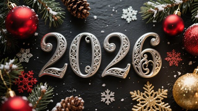 A festive holiday composition featuring the year '2026' in ornate, metallic silver letters adorned with intricate designs. Happy New Year, Happy New Year 2026, Merry Christmas And Happy New Year