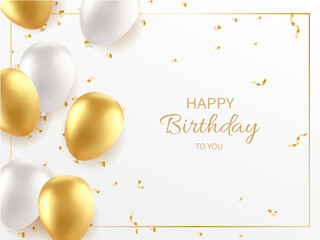 Elegant Birthday Celebration Scene with Gold and White Balloons, Confetti, and Stylish ‘Happy Birthday to You’ Text on a Clean White Background