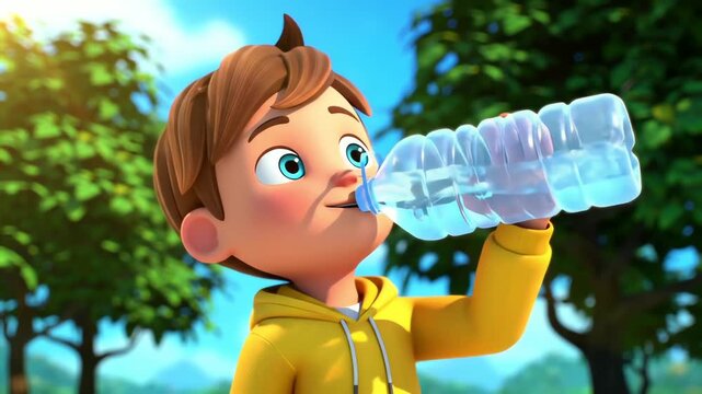 Thirsty cartoon boy in a yellow hoodie drinking refreshing water from a plastic bottle outdoors on a sunny day.