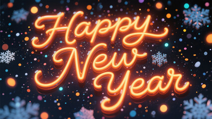 A festive New Year's design with the words 'Happy New Year' written in bold, glowing neon orange cursive letters. Happy New Year, Happy New Year 2026, Merry Christmas And Happy New Year