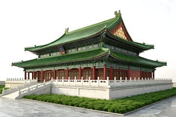 Majestic traditional chinese temple architecture with green glazed roofs and white stone base