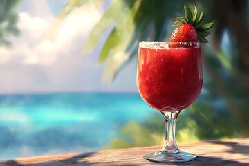 Strawberry cocktail by tropical beach with ocean view-Refreshing strawberry cocktail served in a glass with sugar rim and strawberry garnish, set against a sunny tropical ocean backdrop.