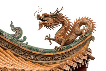 Obraz premium Intricate ceramic dragon ornament adorning the curved roof of a traditional asian temple
