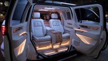 Luxurious SUV interior with custom leather seats and accent lighting