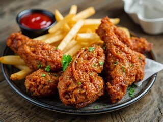 Fototapeta premium Crispy Chicken Wings and Fries with Parsley Garnish