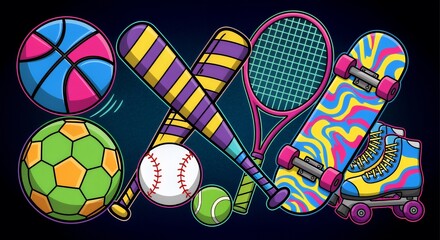 Vibrant Sports Equipment Illustration: A Colorful Collection of Balls, Bats, Racquets, and Skateboards