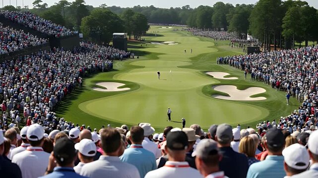 Thrilling golf championship captures massive crowd's excitement on a sun-drenched fairway, showcasing dynamic sport action.
